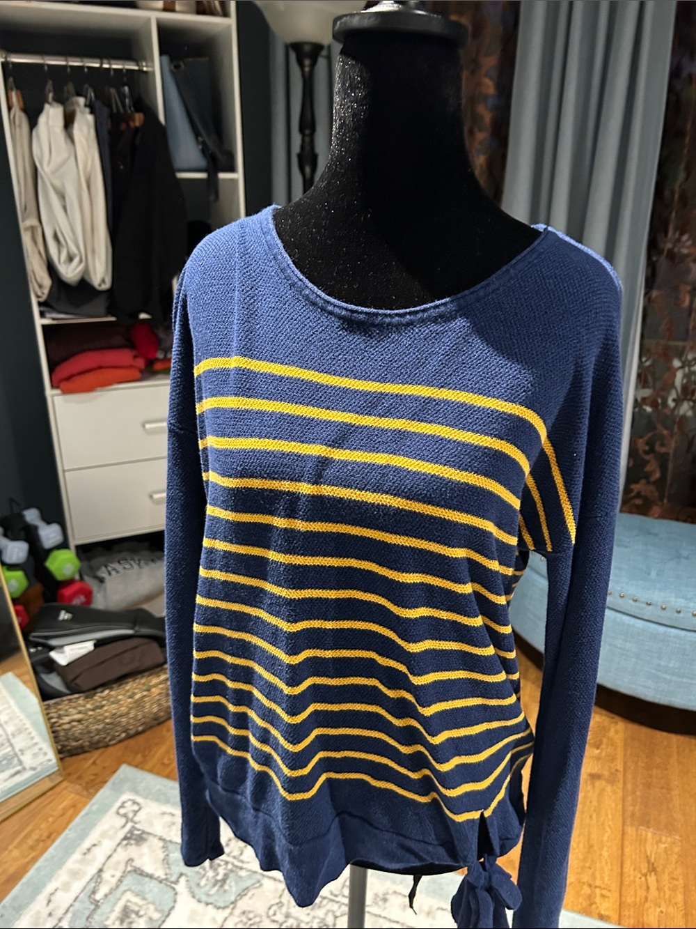 St. John's Bay Navy & Yellow Striped Tie-Hem Crew Sweater